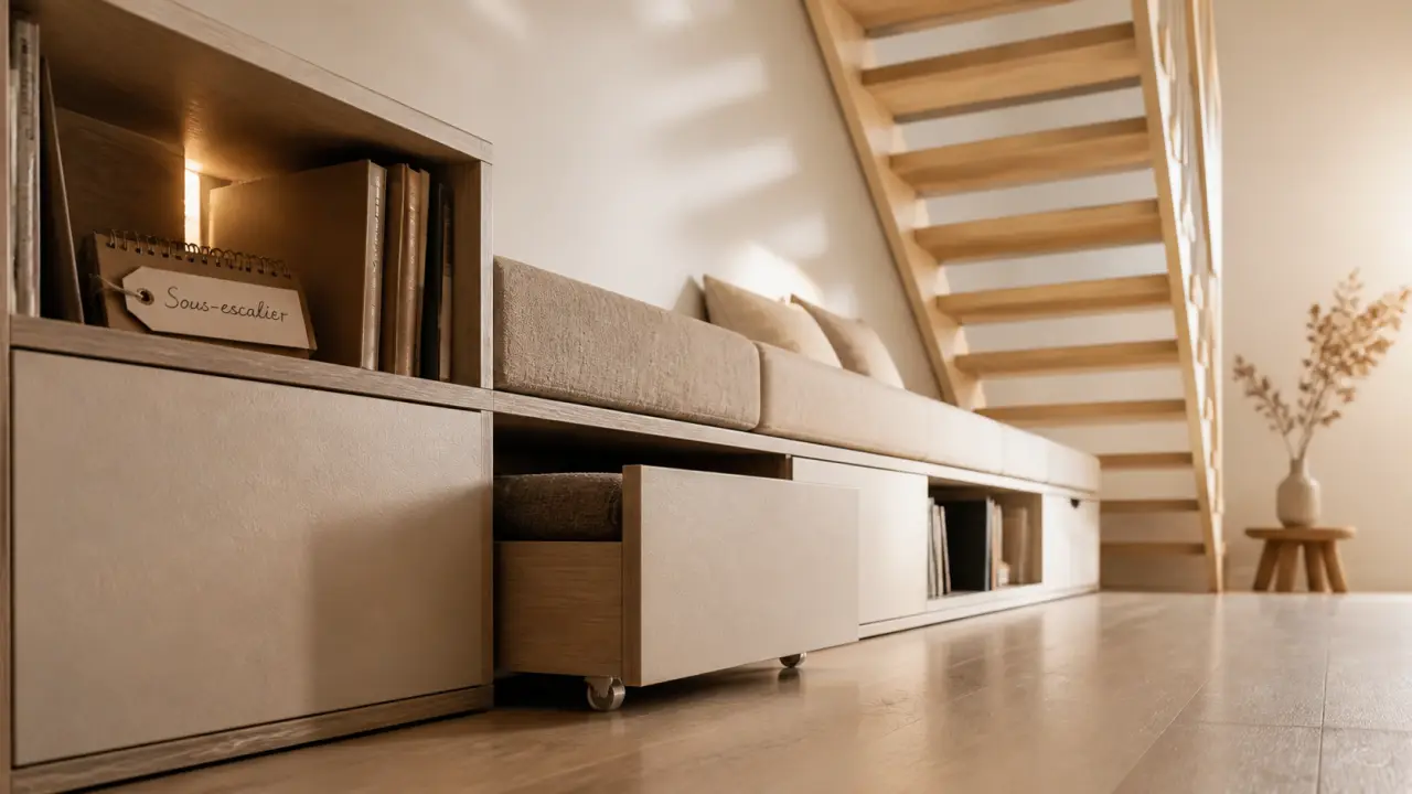 Aménagement sous escalier ouvert : rangement intégré sous escalier