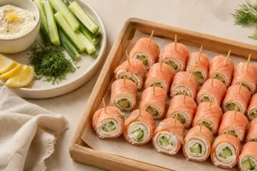 Apéro wrap mini-wraps saumon sur plateau bois