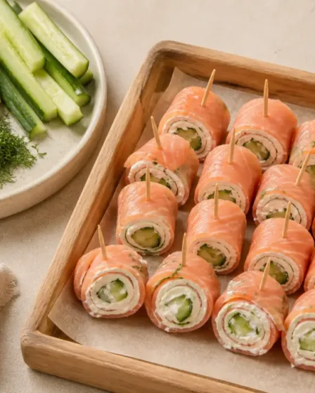 Apéro wrap mini-wraps saumon sur plateau bois