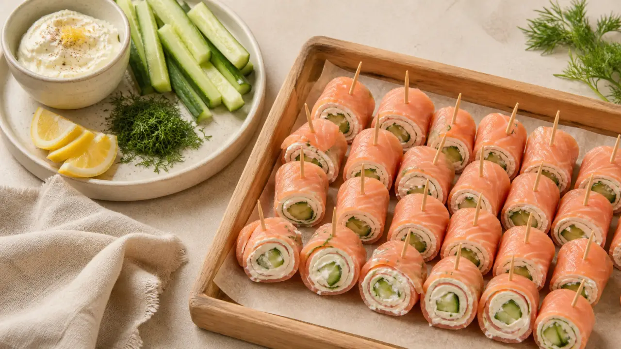 Apéro wrap mini-wraps saumon sur plateau bois