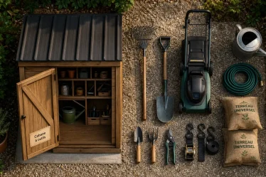 Cabane à outil de jardin en bois avec toit métallique, sur gravier
