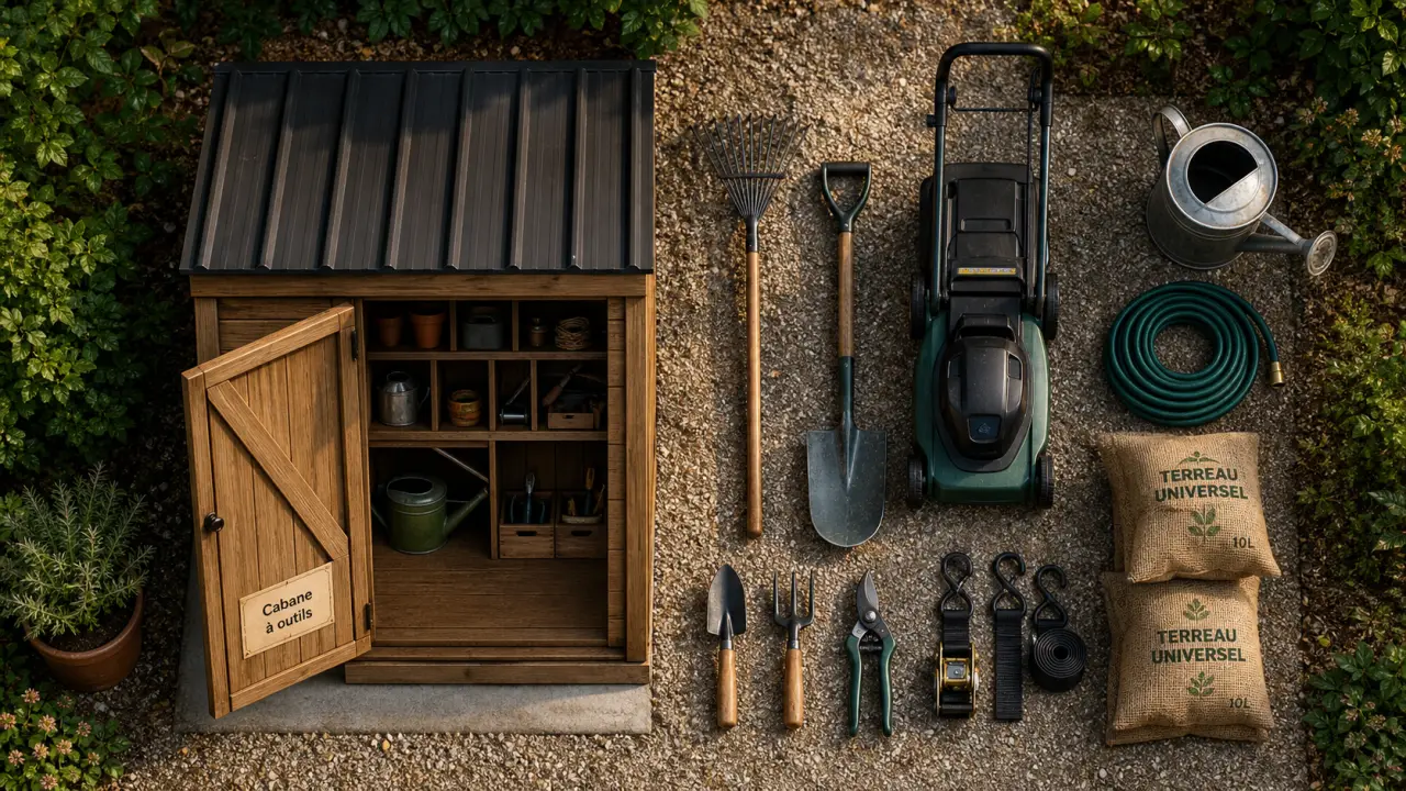 Cabane à outil de jardin en bois avec toit métallique, sur gravier