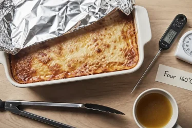 Chauffer un plat au four à 160°C, thermomètre à sonde et lasagne sous aluminium