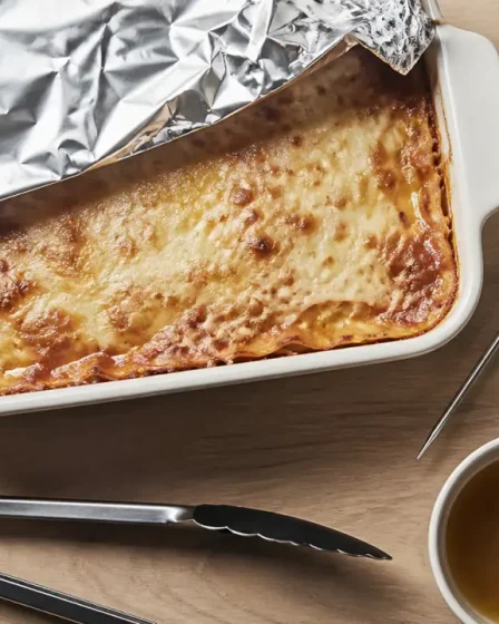 Chauffer un plat au four à 160°C, thermomètre à sonde et lasagne sous aluminium
