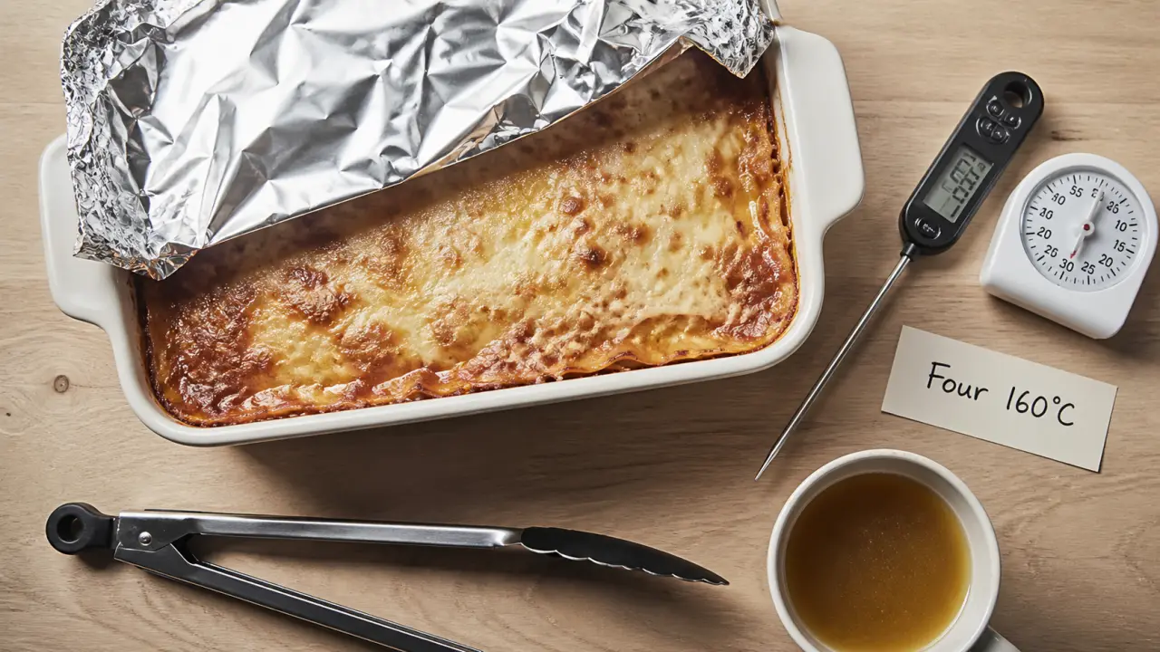 Chauffer un plat au four à 160°C, thermomètre à sonde et lasagne sous aluminium