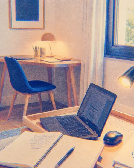 Coin bureau salon discret près d’une fenêtre, vue depuis le canapé