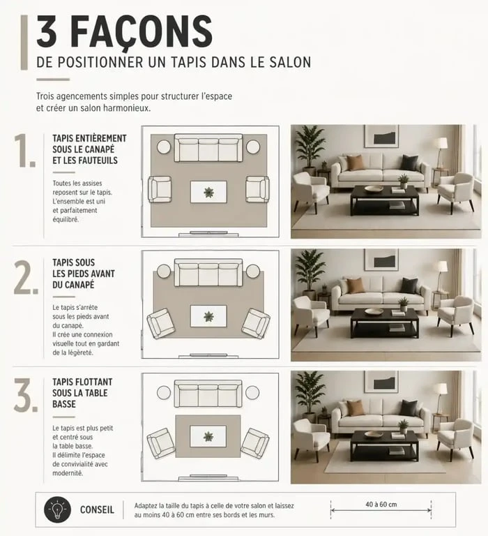 Infographie illustrant les trois règles de positionnement d'un tapis dans un salon pour une décoration harmonieuse
