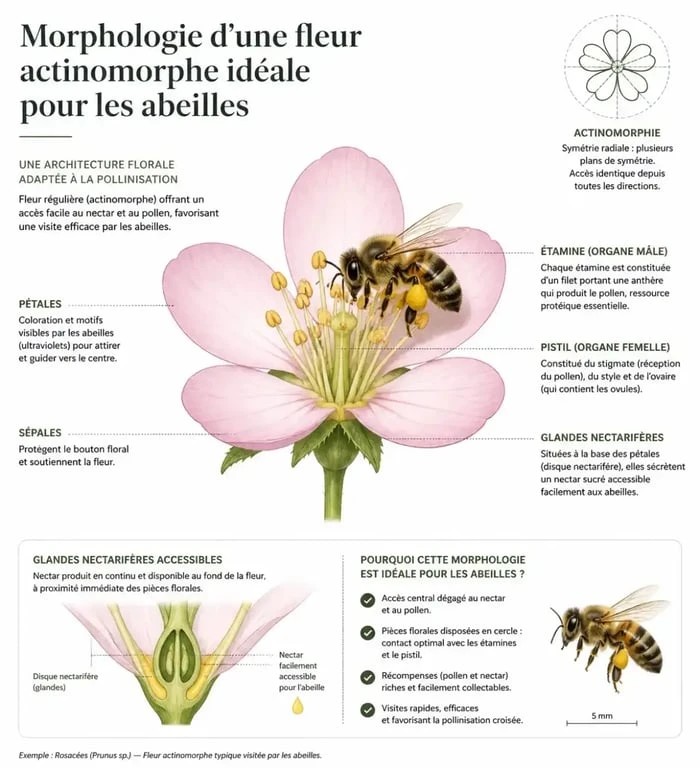 Schéma explicatif de la morphologie d'une plante mellifère accessible aux abeilles