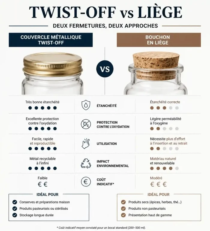Comparatif des types de fermetures pour bocaux de décoration : Twist-Off vs liège