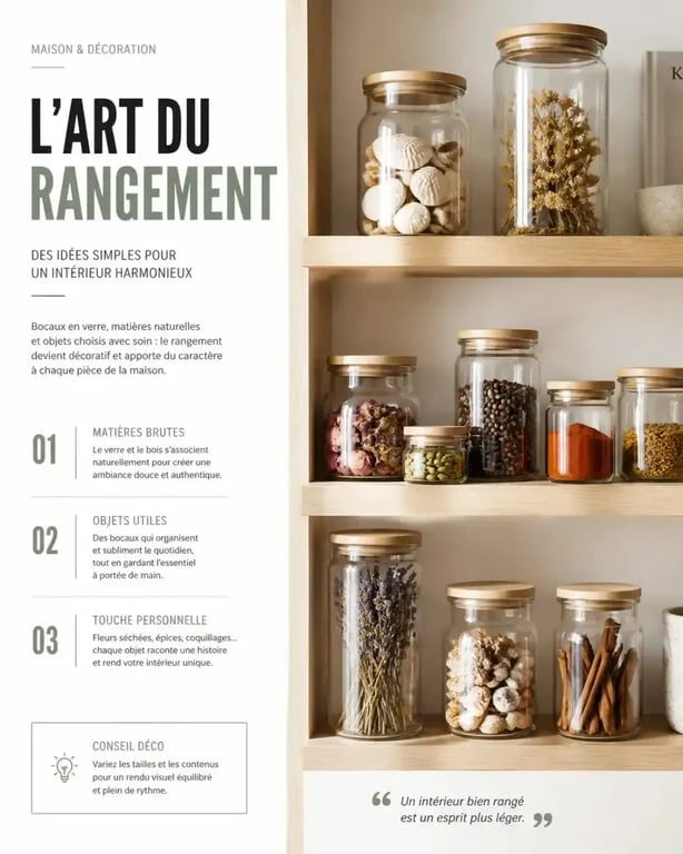 Idées de décoration avec des bocaux en verre de différentes tailles sur une étagère
