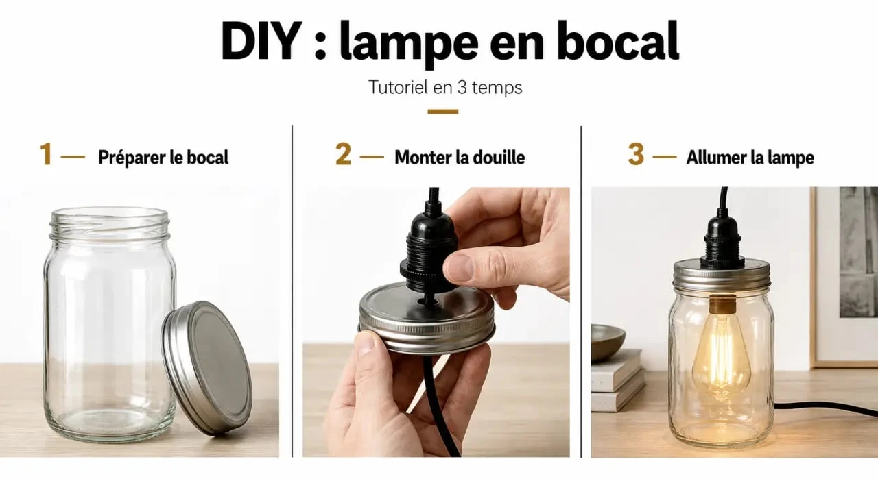 diy lampe en bocal en verre avec douille, câble et ampoule LED, vue avant/après d’un montage étape par étape