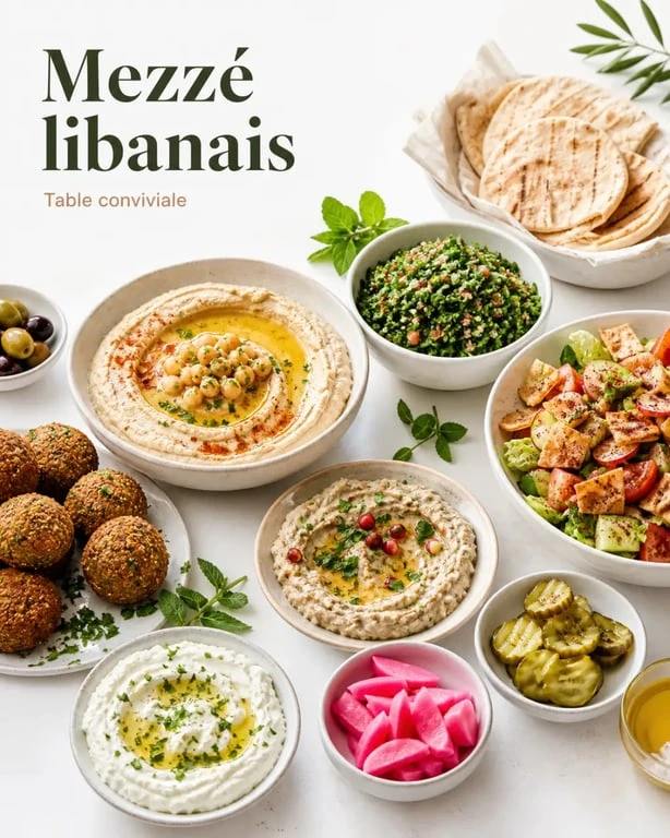 Mezzé libanais sur une table conviviale avec houmous, taboulé, falafels et pain pita
