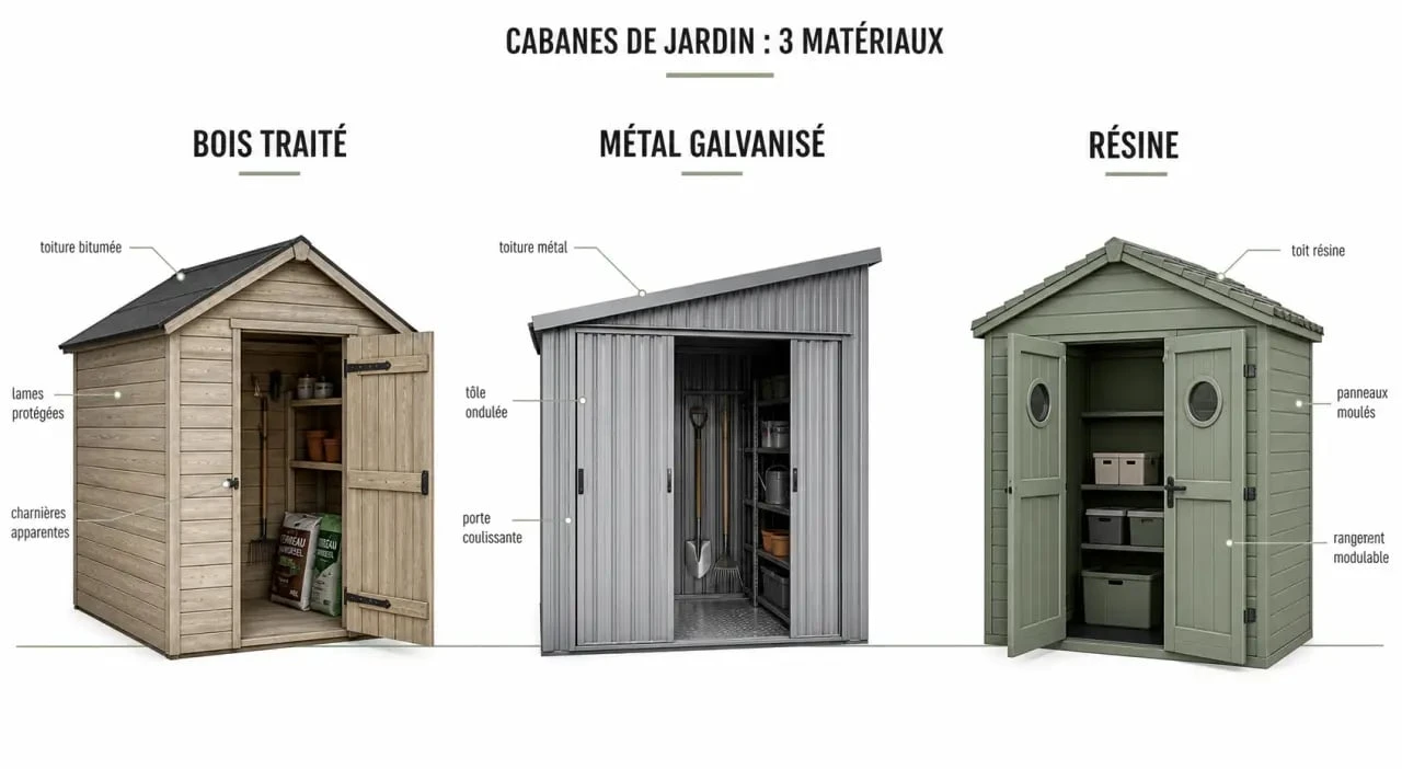 Comparatif de cabane à outil de jardin en bois, métal et résine