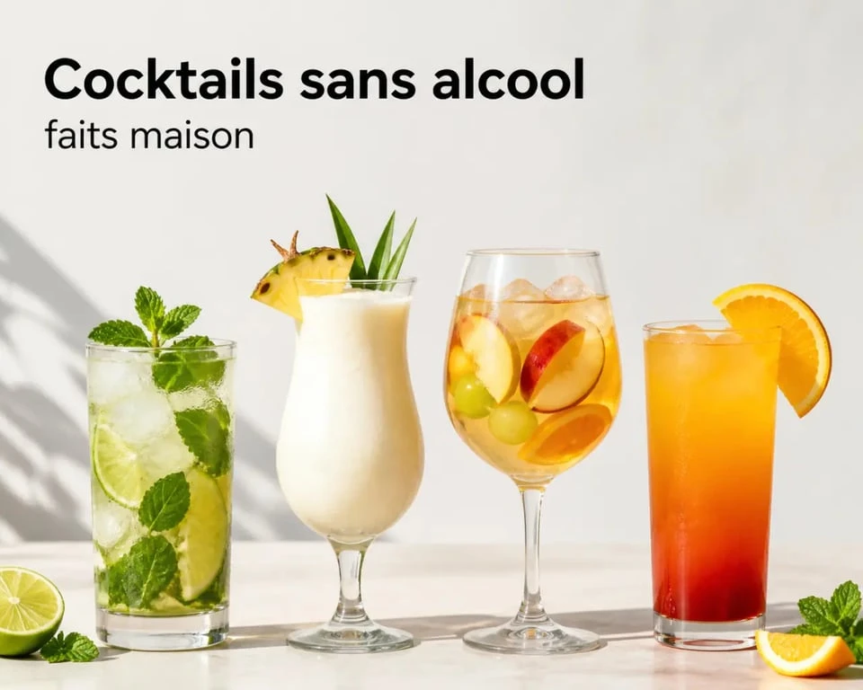 Cocktail sans alcool maison servi en quatre verres élégants avec menthe, fruits et glaçons