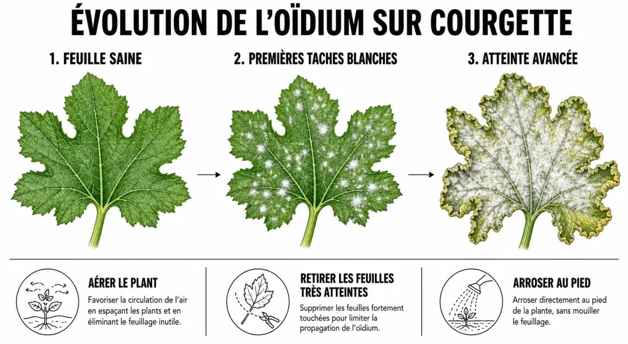 Traitement oïdium courgette : évolution des symptômes sur une feuille de courgette et gestes prioritaires au potager