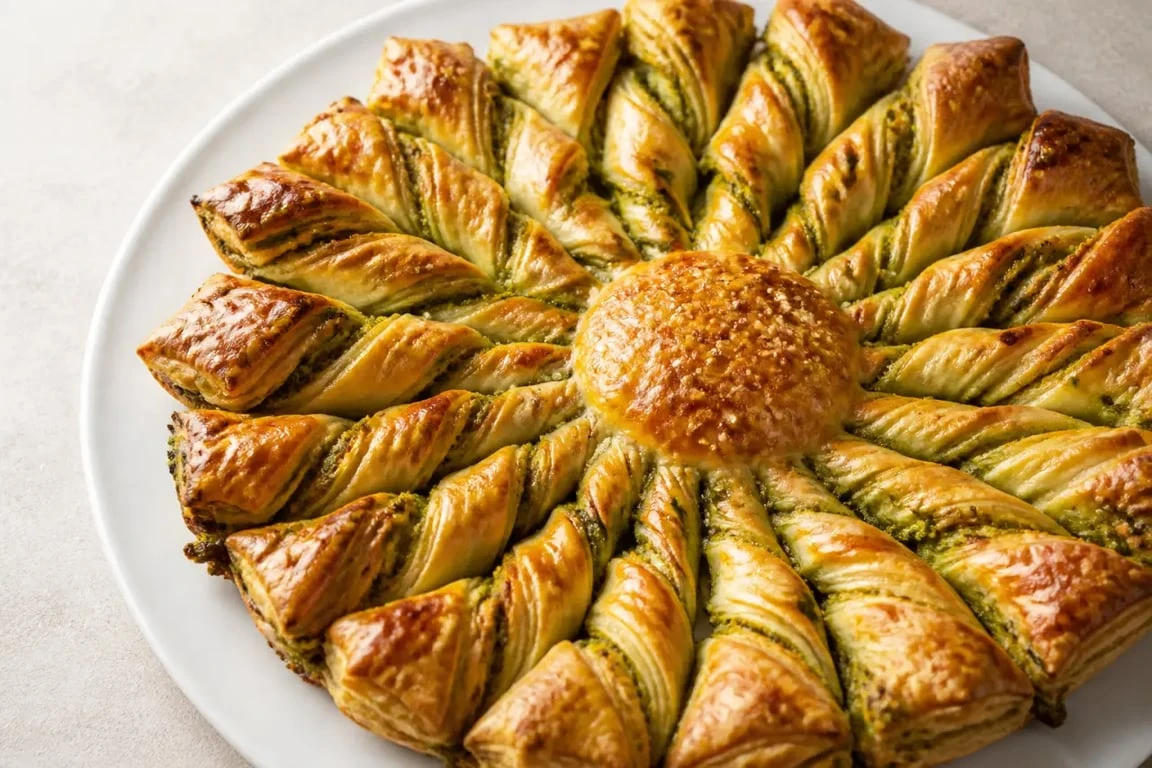 Recette tarte du soleil pesto dorée et croustillante, vue de dessus
