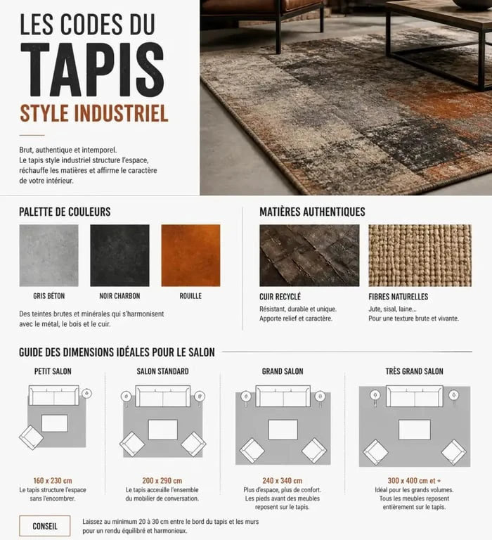 Guide visuel des caractéristiques et dimensions d'un tapis style industriel pour salon