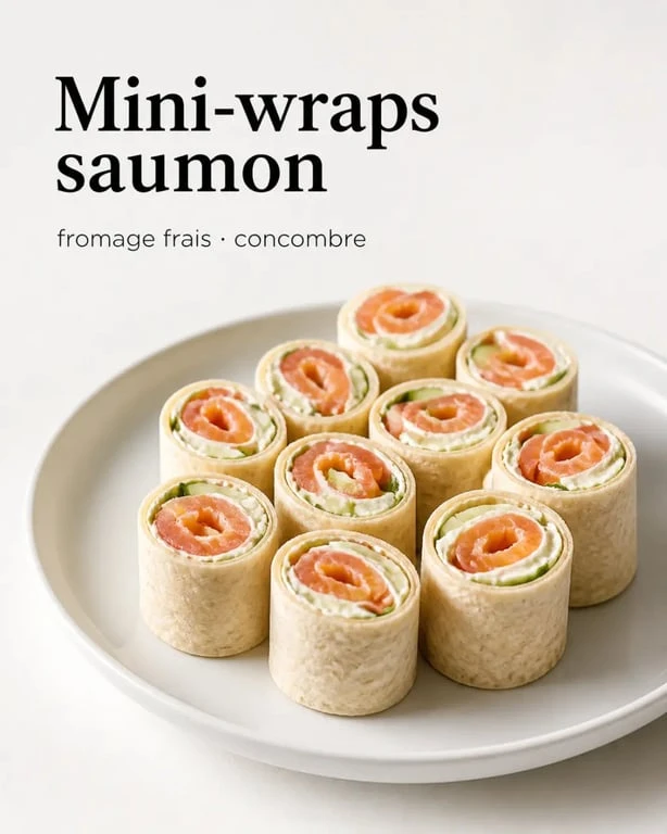 Apéro wrap saumon, fromage frais et concombre présenté en mini-bouchées sur un plateau