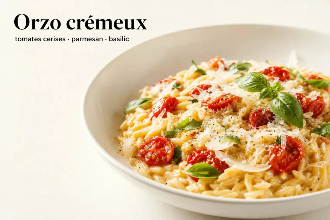 Recette orzo crémeuse aux tomates cerises et parmesan, servie en assiette élégante