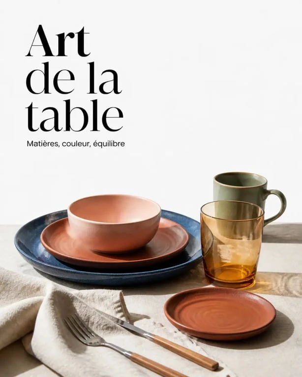 Vaisselle coloré sur une table éditoriale avec assiettes bleues, bols roses et verres ambrés