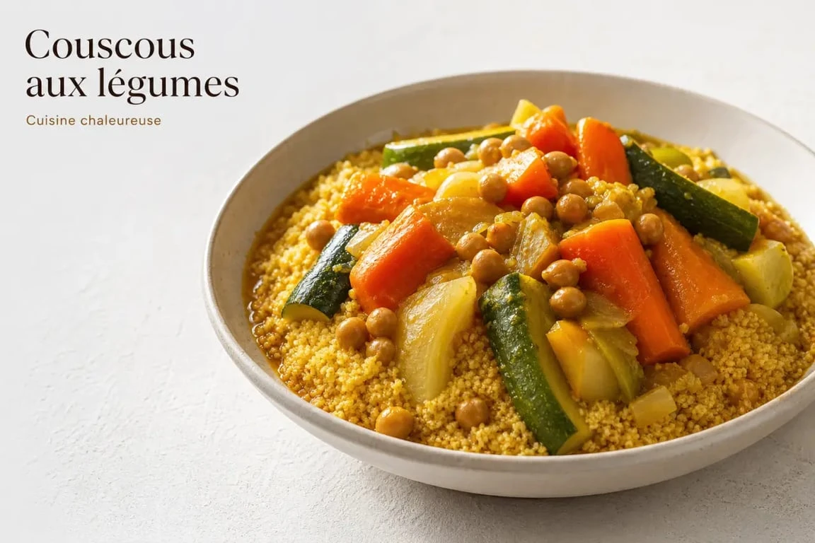 Recette couscous legumes : grand plat familial de couscous aux légumes avec semoule, carottes, courgettes, navets et pois chiches