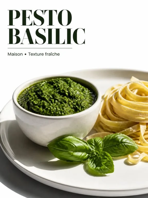 Recette pour pesto basilic maison servi en bol avec basilic frais et pâtes