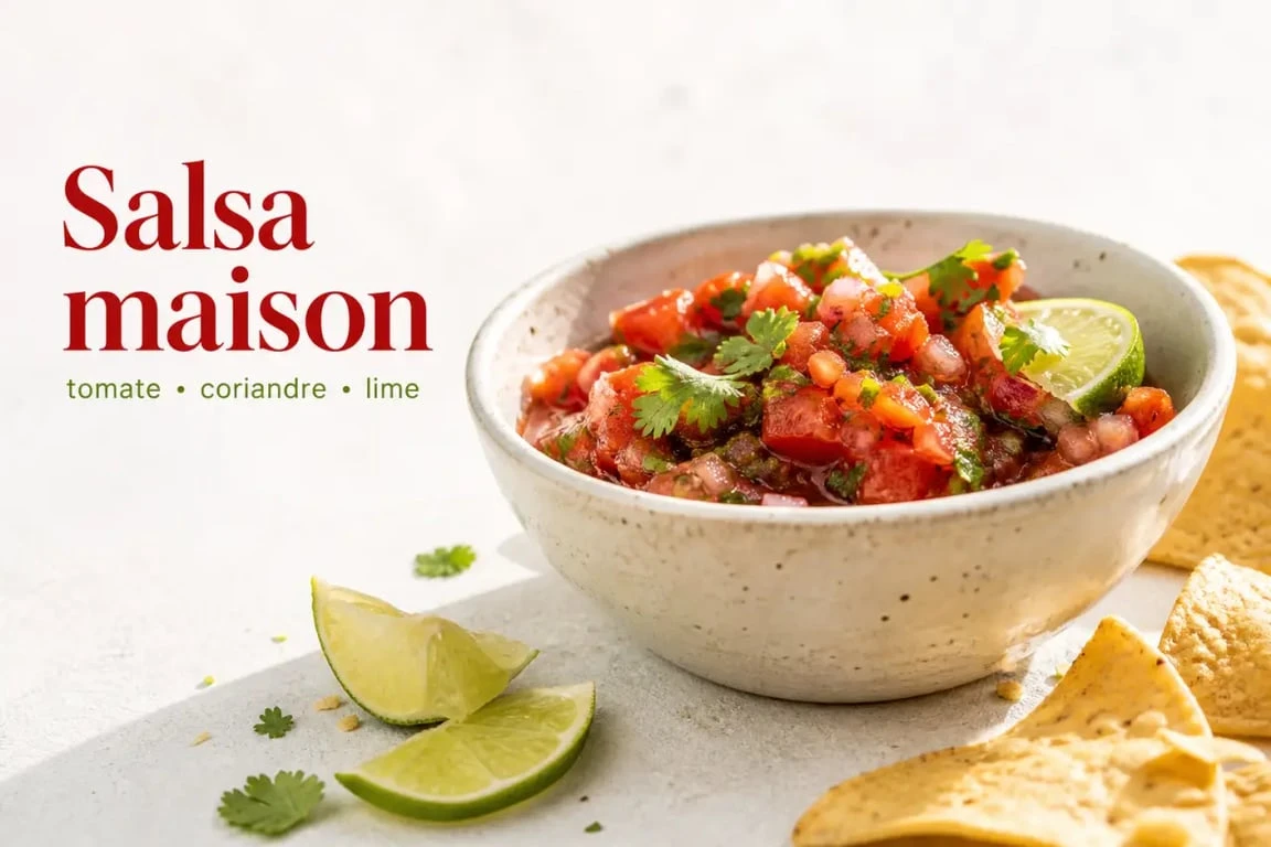 Recette sauce salsa maison servie dans un bol avec tortillas chips