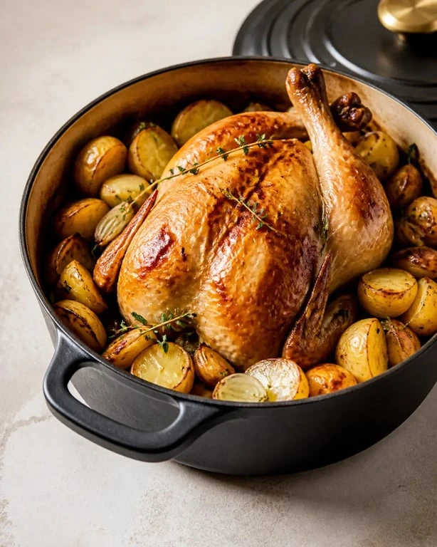 Recette poulet au four cocotte fermée avec poulet doré et pommes de terre fondantes