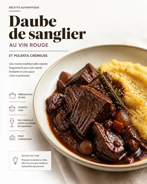 Recette daube de sanglier au vin rouge servie avec polenta
