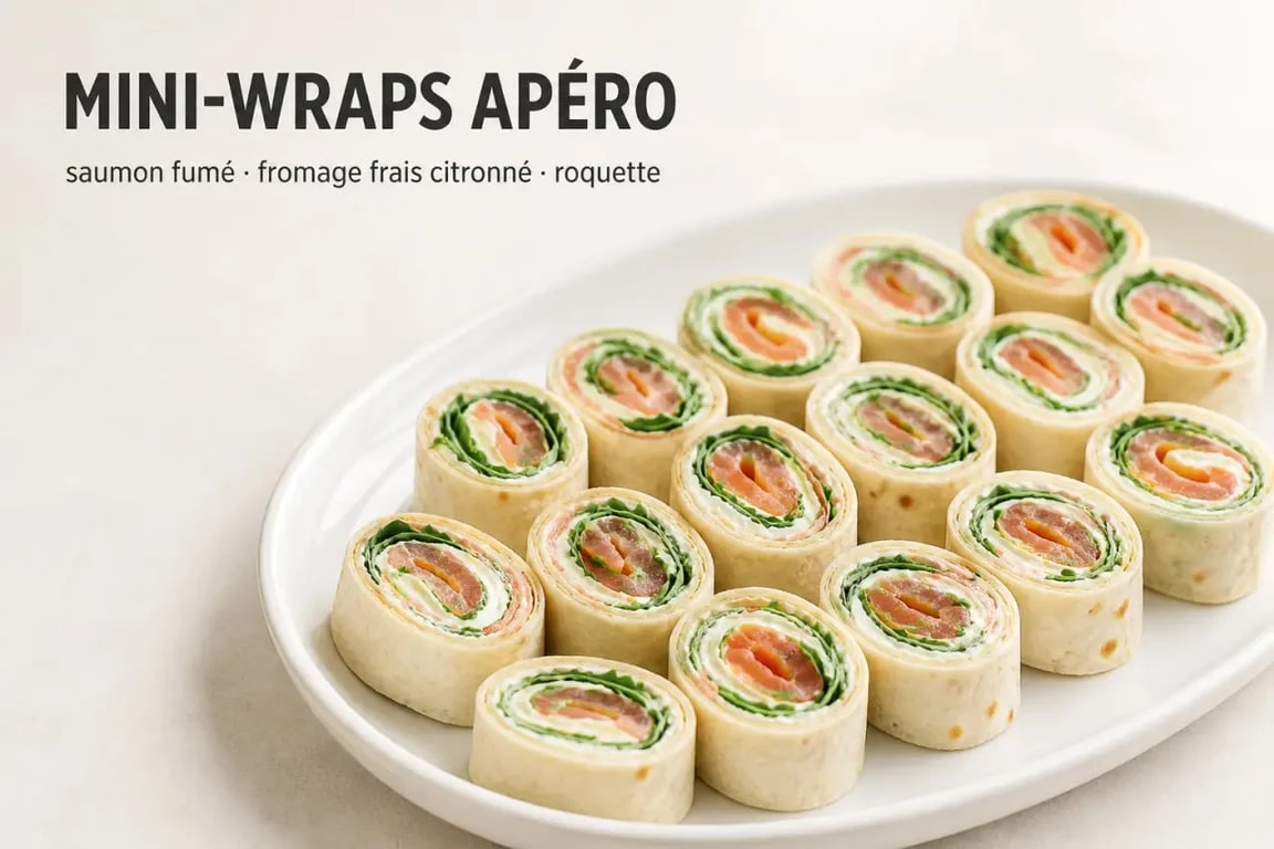 Wrap apéro à l'avance en mini-wraps saumon et fromage frais sur plat blanc