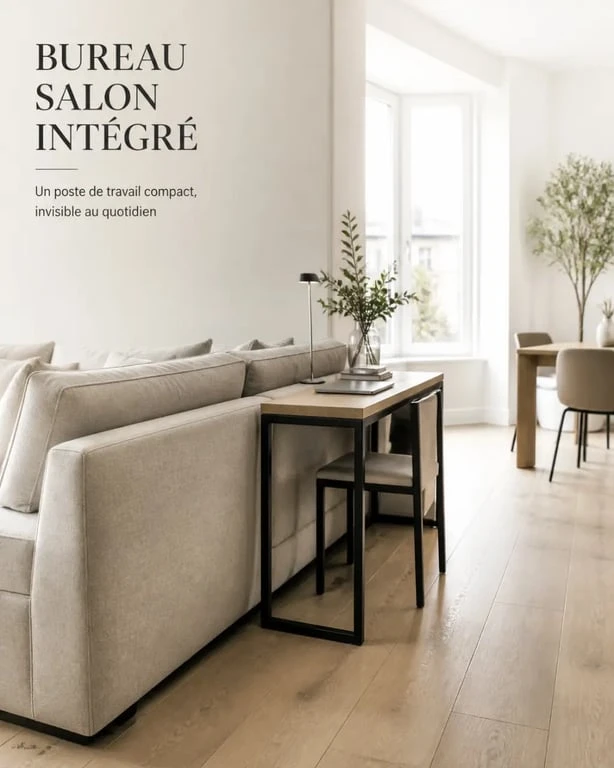 Coin bureau salon discret derrière un canapé dans un intérieur contemporain