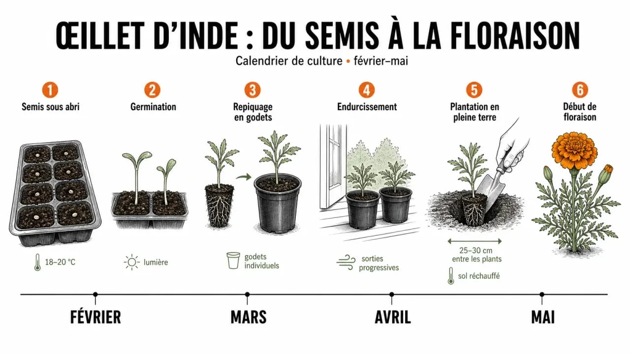 Semis oeillet d inde en frise chronologique de février à mai