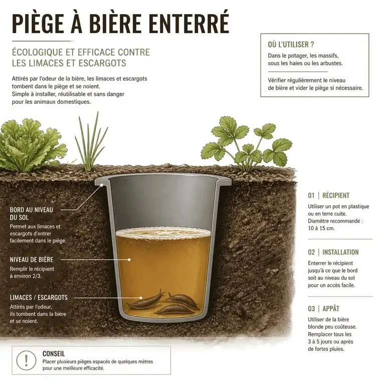 Schéma d'installation d'un piège à bière pour capturer les limaces au potager