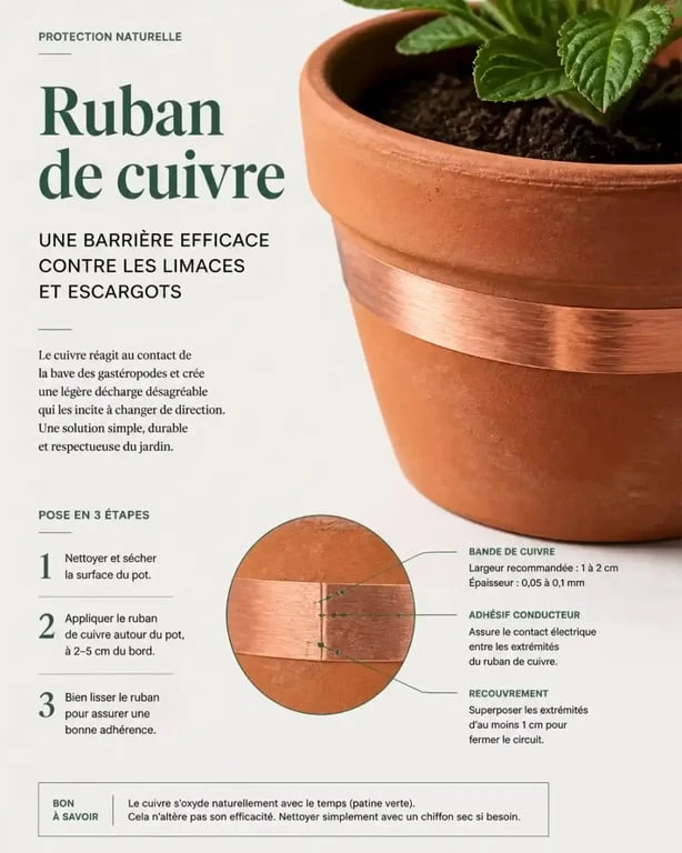 Installation d'un ruban de cuivre comme répulsif naturel contre les limaces sur un pot de fleurs