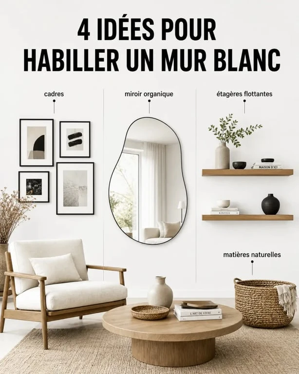 Idées pour décorer un mur blanc avec cadres, miroir, étagères flottantes et matières naturelles dans un intérieur lumineux