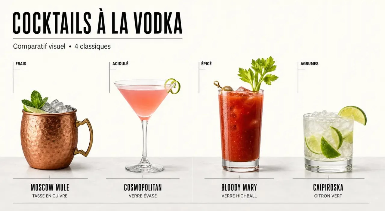 Cocktail à base de vodka : comparatif visuel de plusieurs recettes classiques comme Moscow Mule, Cosmopolitan, Bloody Mary et Caipiroska