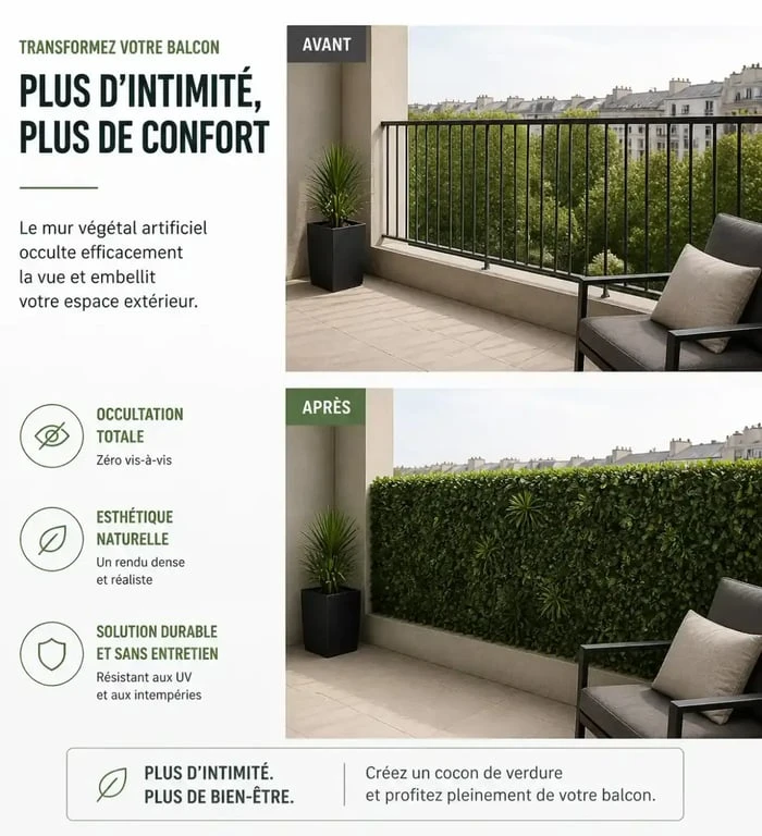 Installation d'un mur végétal artificiel sur un balcon pour masquer un vis-à-vis, avant et après la pose.