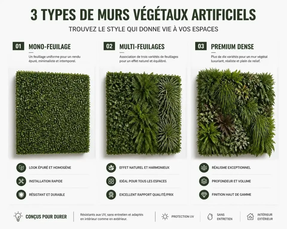 Comparaison des textures de mur végétal artificiel : mono-feuillage, multi-feuillages et gamme premium pour un rendu naturel.