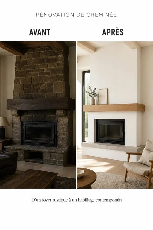Habillage ancienne cheminée : avant/après d’une cheminée rustique transformée en cheminée contemporaine