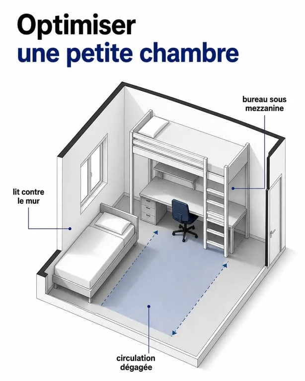 Lit pour petit chambre : schéma visuel d’aménagement avec circulation et gain de place
