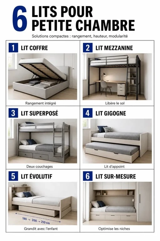 Lit pour petit chambre : comparaison visuelle des lits coffre, mezzanine, superposé, gigogne, évolutif et sur-mesure