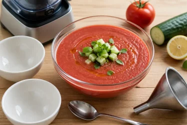 Gaspacho tomate concombre lisse dans un saladier, dés de concombre et basilic