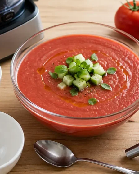 Gaspacho tomate concombre lisse dans un saladier, dés de concombre et basilic