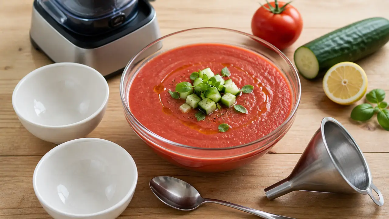 Gaspacho tomate concombre lisse dans un saladier, dés de concombre et basilic