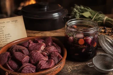 Marinade chevreuil vin rouge en cours : vin rouge, herbes, légumes sur planche bois
