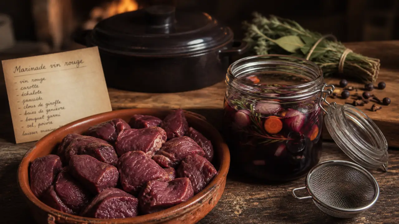 Marinade chevreuil vin rouge en cours : vin rouge, herbes, légumes sur planche bois