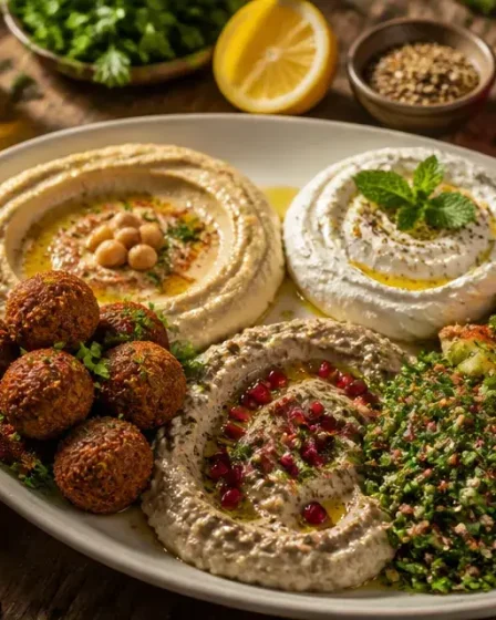 Mezzé libanais sur plateau : houmous, labneh, falafels et pain pita