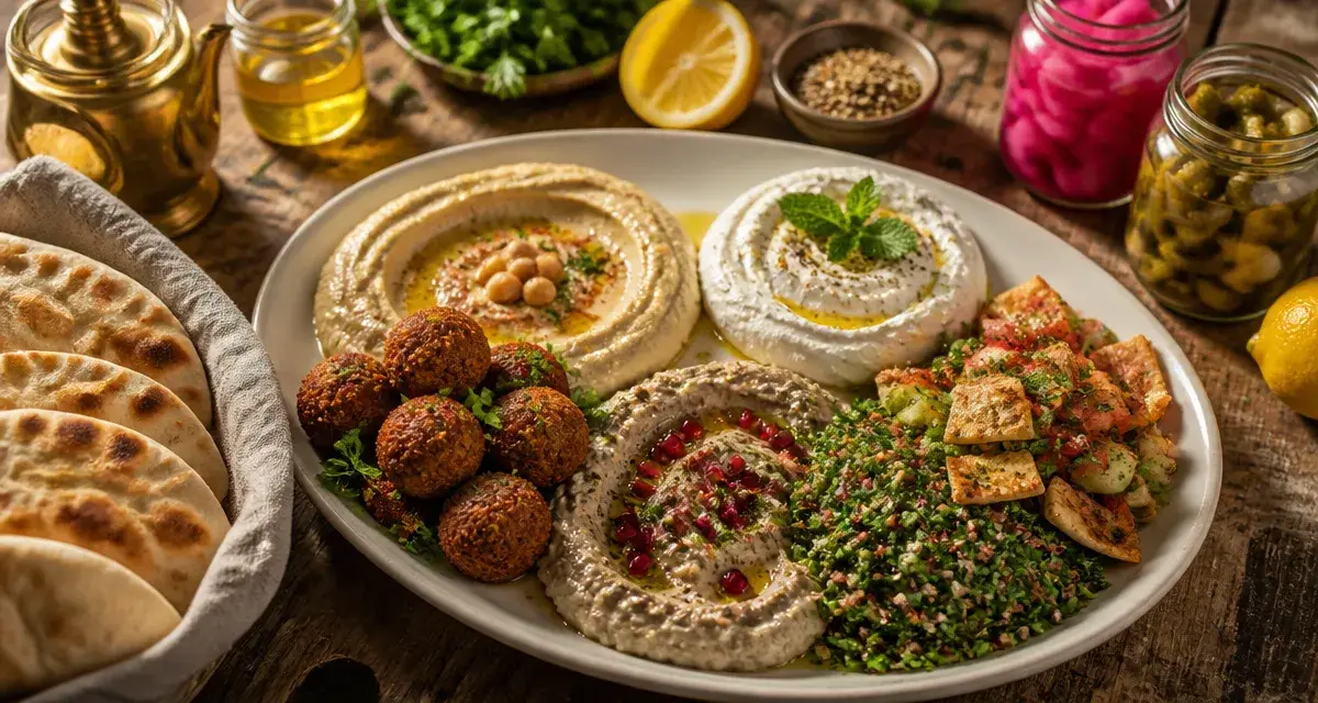 Mezzé libanais sur plateau : houmous, labneh, falafels et pain pita