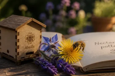 Plantes mellifere : fleurs mellifères et abeille sur table de jardin