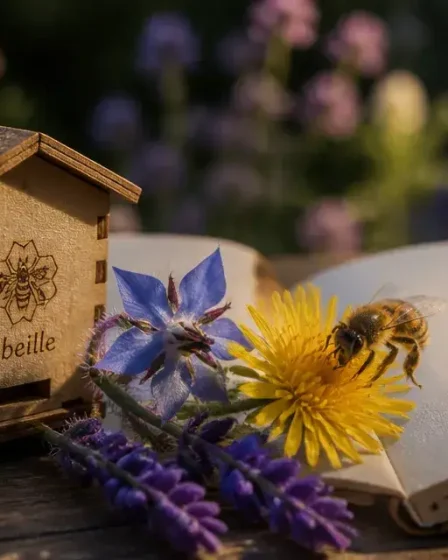 Plantes mellifere : fleurs mellifères et abeille sur table de jardin